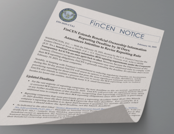 Image of latest FinCEN Notice regarding the reinstatement of the Beneficial Ownership Information (BOI) Reporting Requirements.